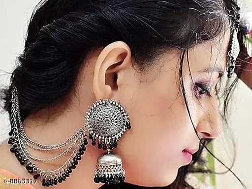 Tehzeeb Creations Women's Silver And Black Colour Oxidised Earrings With Tikka - Distacart