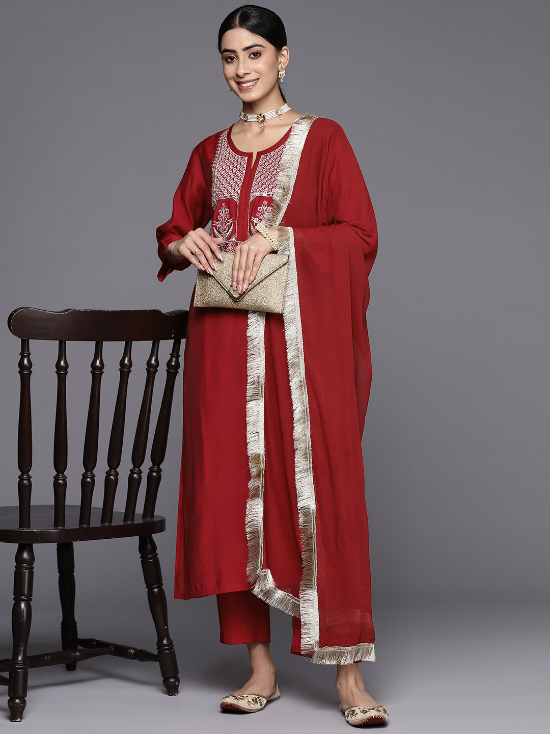 Varanga Women Red Three Quarter Sleeve Straight Kurta Set With Dupatta - Distacart