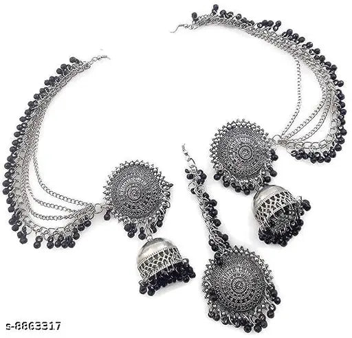 Tehzeeb Creations Women's Silver And Black Colour Oxidised Earrings With Tikka - Distacart