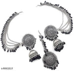 Thumbnail for Tehzeeb Creations Women's Silver And Black Colour Oxidised Earrings With Tikka - Distacart