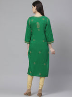Thumbnail for ADA Women Green & Beige Chikankari Embroidered Sustainable Handloom Kurta with Churidar - Distacart