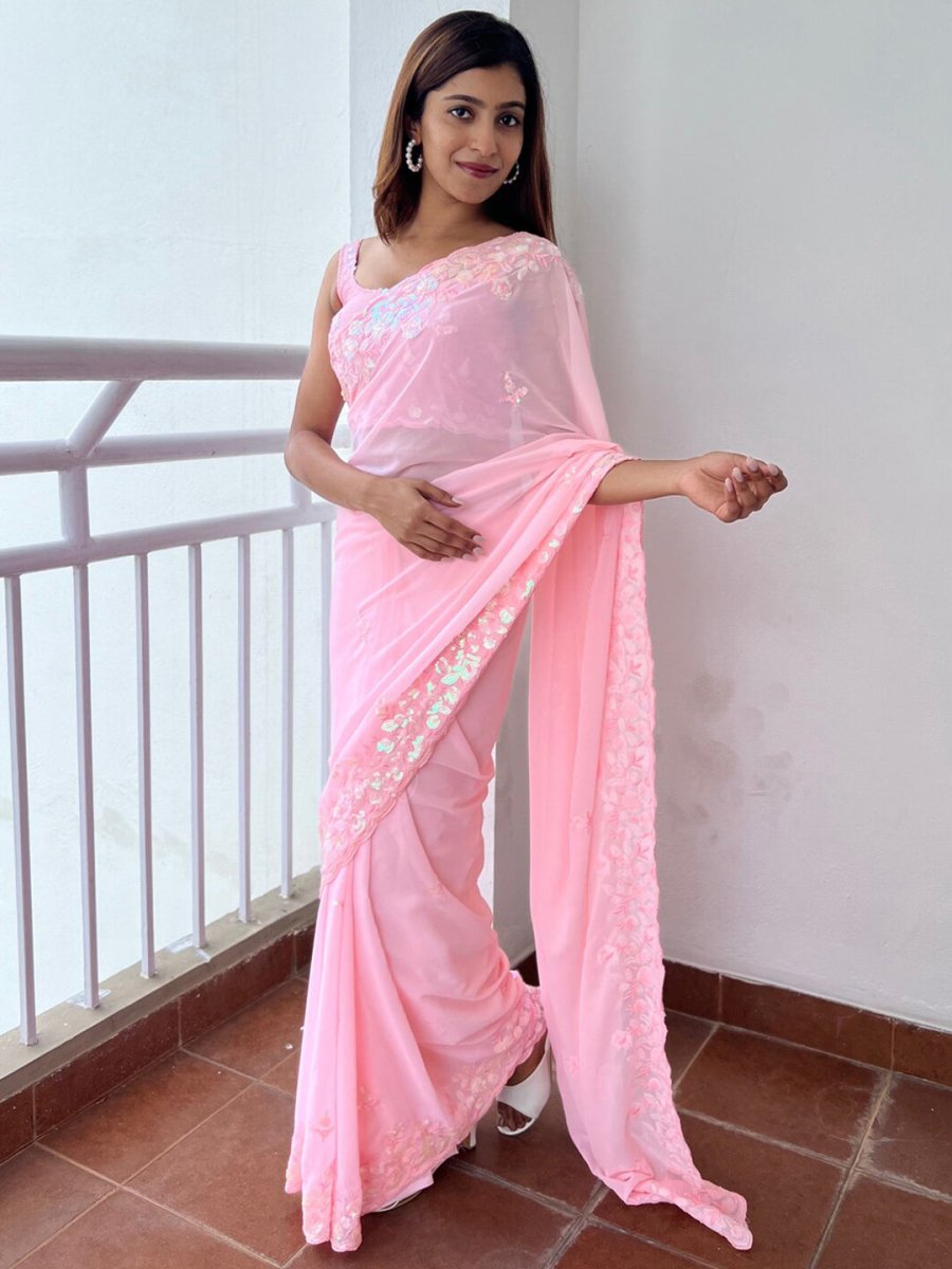 Anouk Pink Embellished Sequinned Pure Georgette Saree - Distacart
