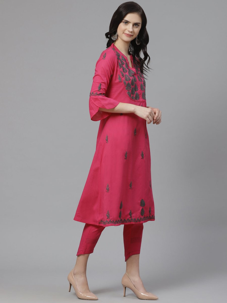 ADA Women Pink & Charcoal Grey Chikankari Embroidered Sustainable Handloom Kurta with Trousers - Distacart