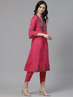 Thumbnail for ADA Women Pink & Charcoal Grey Chikankari Embroidered Sustainable Handloom Kurta with Trousers - Distacart