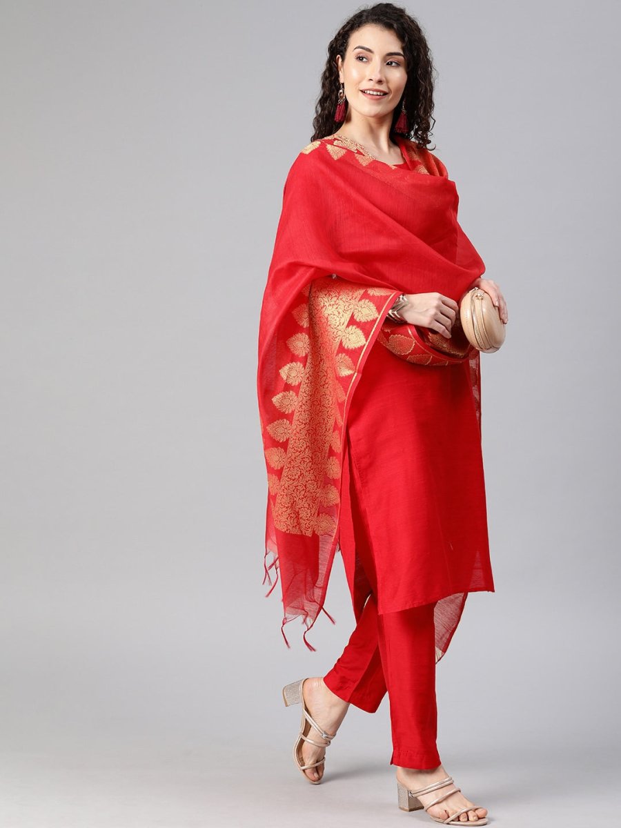 Anouk Women Red Solid Kurta with Trousers & Dupatta - Distacart