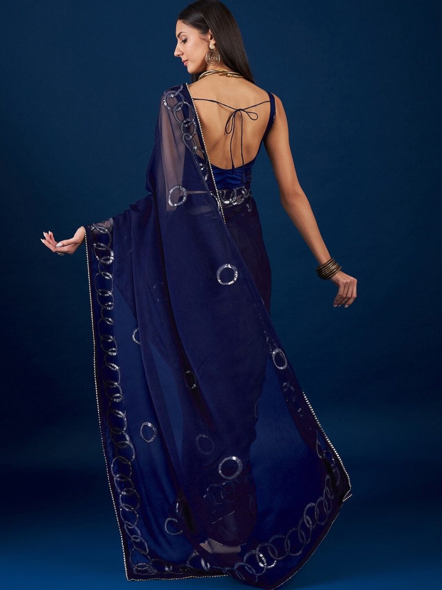 Anouk Blue Geometric Embroidered Sequinned Pure Chiffon Saree - Distacart