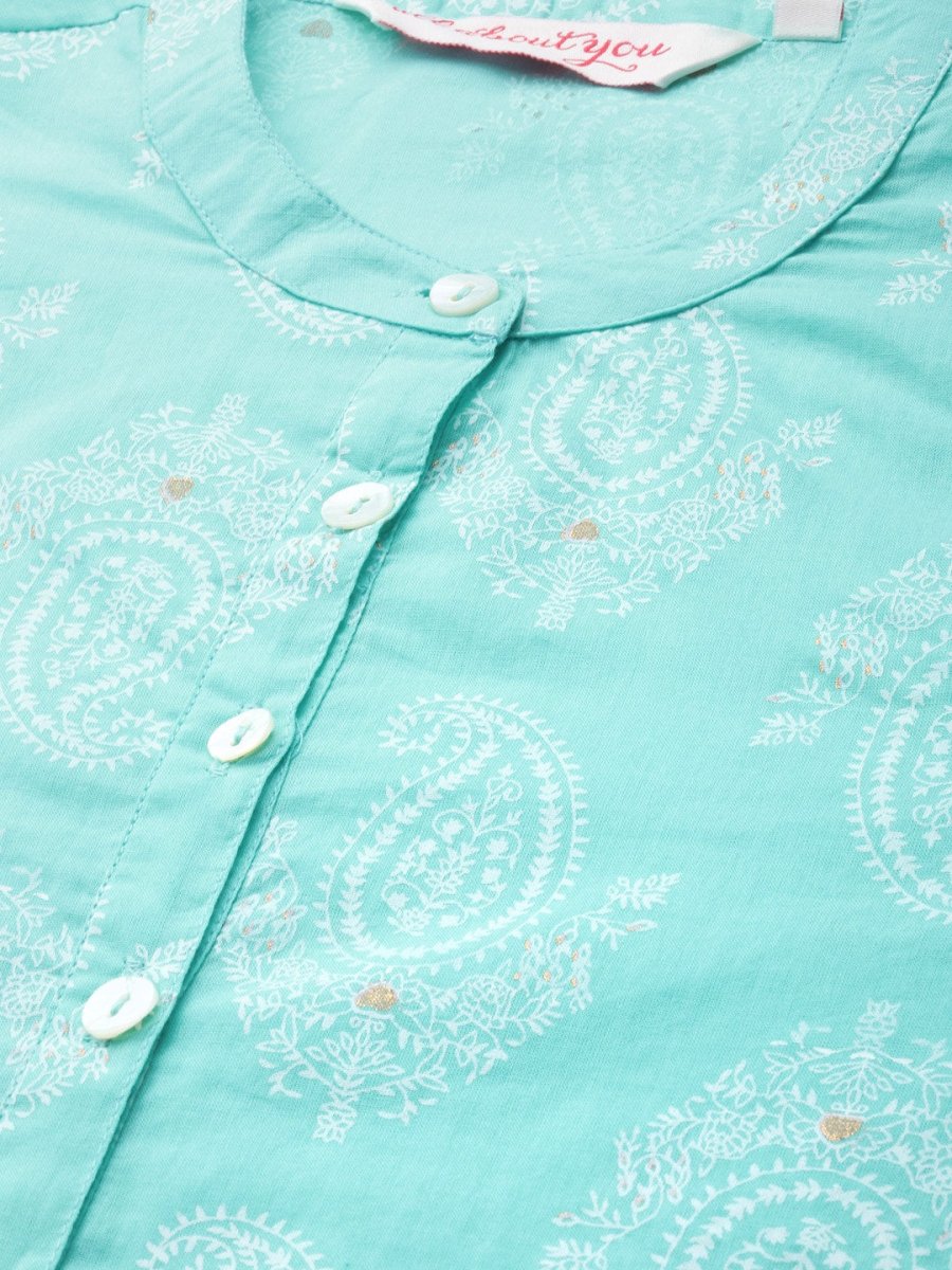 All About You Women Turquoise Blue & White Printed Pure Cotton Straight Kurta - Distacart