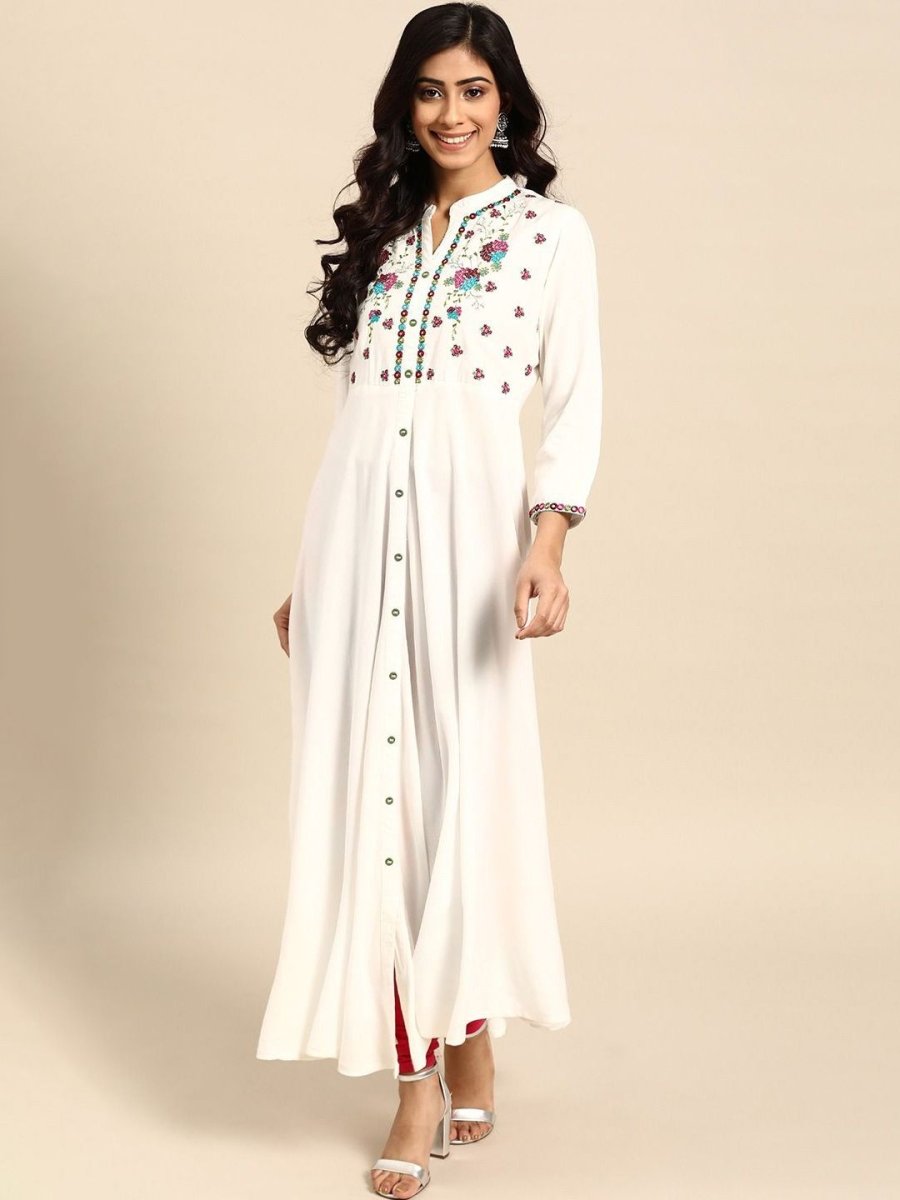 Anouk White Floral Yoke Design Mandarin Collar Mirror Work Cotton A-Line Kurta - Distacart