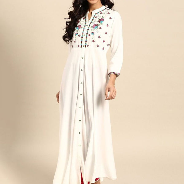 Anouk White Floral Yoke Design Mandarin Collar Mirror Work Cotton A-Line Kurta - Distacart