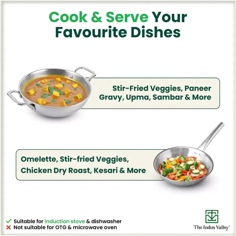 The Indus Valley TurboCuk Tri-ply Stainless Steel Cookware Set: 3L Kadai with Lid + 1.4L Fry Pan, Premium Quality, 3 Layer Thick Body, 100% Toxin-free, Non-stick, Induction & Gas