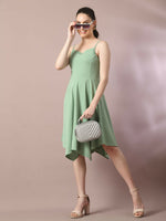 Thumbnail for Myshka Women's Sea Green Solid Shoulder Straps Fit and Flare Party Dress - Distacart