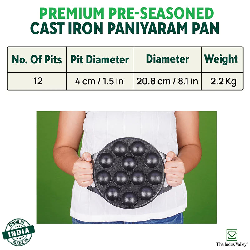 The Indus Valley 12 Pit/Cup CASTrong Cast Iron Kuzhi Paniyaram/Paddu Pan/Appe Maker, Pre-seasoned, 100% Pure, Toxin-free, Spatula, 21 cm, 2.2 kg