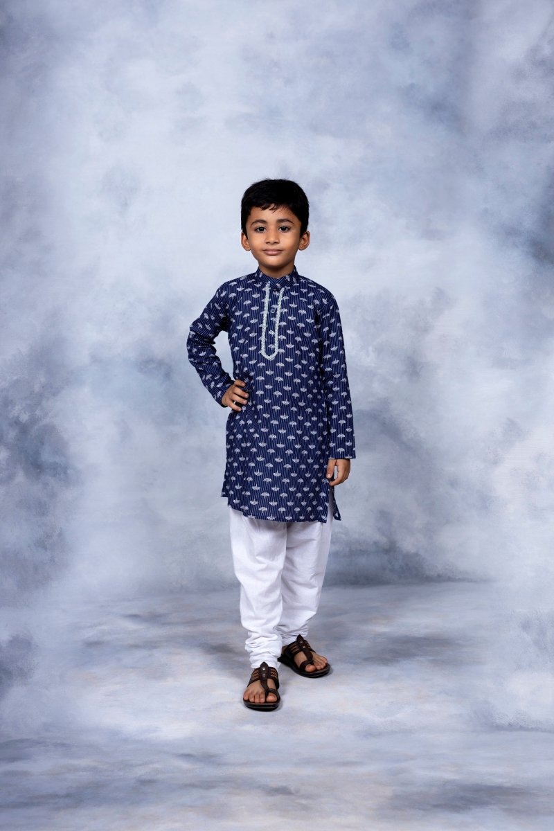 Ahalyaa Boys Navy Blue Pure Cotton Digital Print Kids Kurta Churidar Set - Distacart