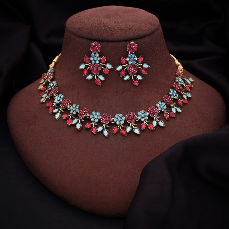 Tehzeeb Creations Brass Gold-Polished Gold, Pink, Blue Jewel Set - Distacart