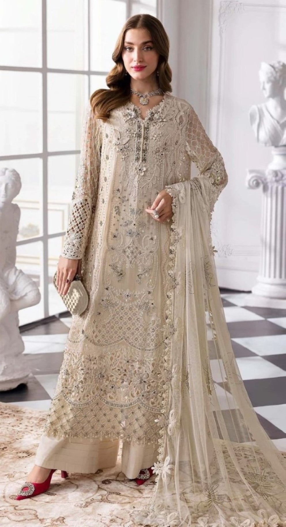 Anaita Cream Fox Georgette Suit With Khatli & Sequence Work - Distacart
