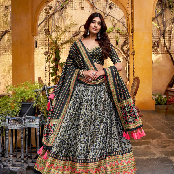 Lorenvalley Fashion Black Tasar Silk Iconic Sparkle with Lace Border Lehenga Choli with Dupatta - Distacart