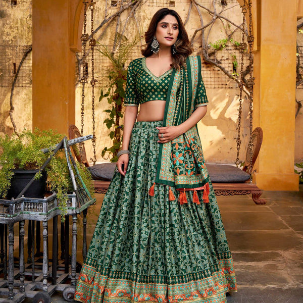 Lorenvalley Fashion Green Tasar Silk Iconic Sparkle with Lace Border Lehenga Choli with Dupatta - Distacart