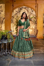 Thumbnail for Lorenvalley Fashion Green Tasar Silk Iconic Sparkle with Lace Border Lehenga Choli with Dupatta - Distacart