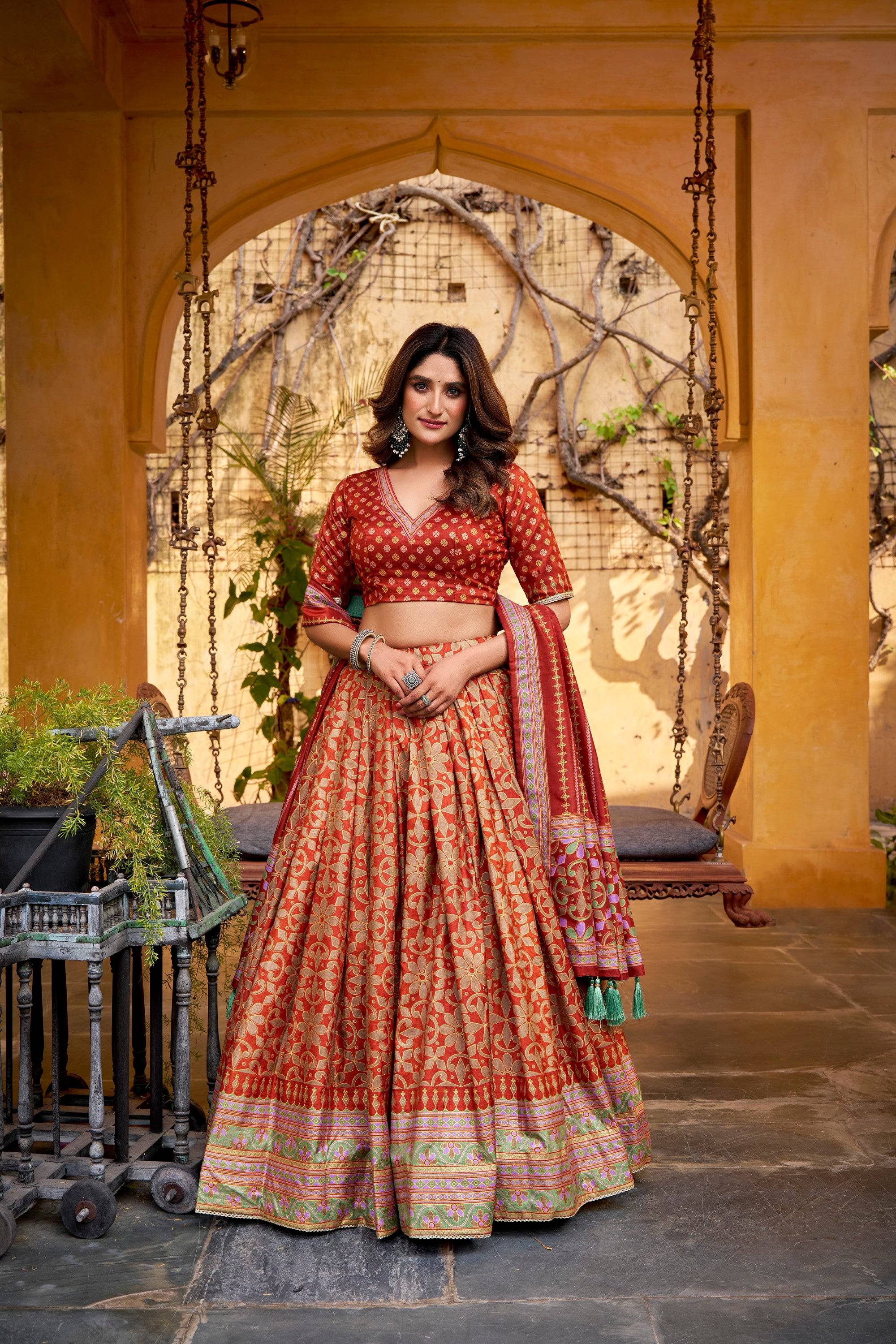 Lorenvalley Fashion Orange Tasar Silk Iconic Sparkle with Lace Border Lehenga Choli with Dupatta - Distacart