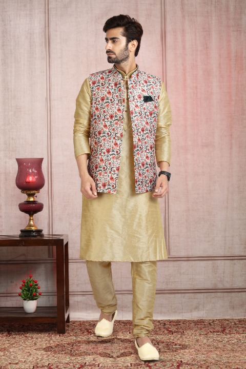 Raivat Ethnic Art Banarasi Silk Printed Work 3 Pics Jacket Set In Pista Green Colour - Distacart