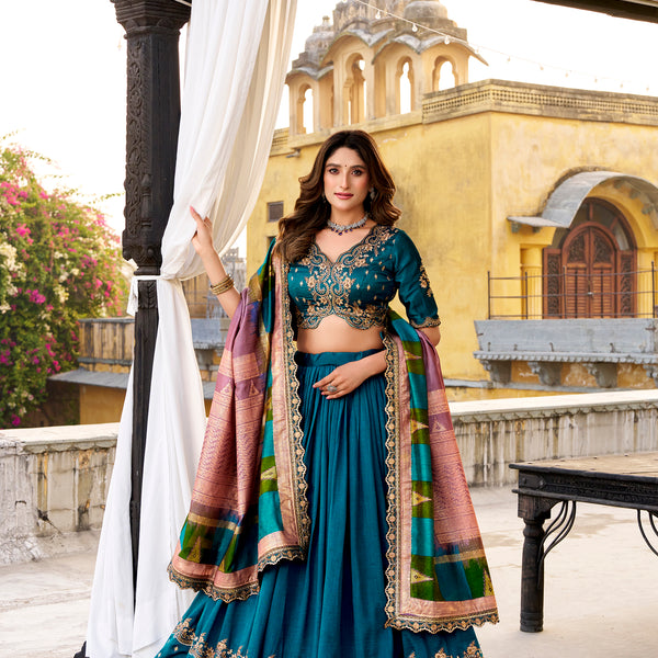 Lorenvalley Fashion Firozi Vichitra Silk Sequins and Thread Embroidery Work Lehenga Choli with Dupatta - Distacart