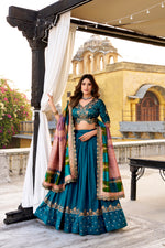 Thumbnail for Lorenvalley Fashion Firozi Vichitra Silk Sequins and Thread Embroidery Work Lehenga Choli with Dupatta - Distacart