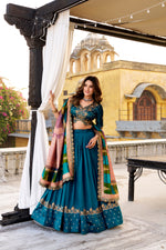 Thumbnail for Lorenvalley Fashion Firozi Vichitra Silk Sequins and Thread Embroidery Work Lehenga Choli with Dupatta - Distacart