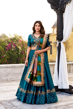 Thumbnail for Lorenvalley Fashion Firozi Vichitra Silk Sequins and Thread Embroidery Work Lehenga Choli with Dupatta - Distacart