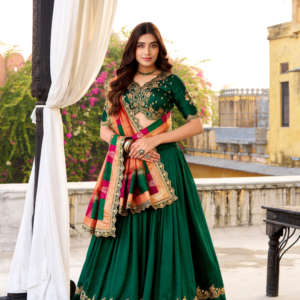 Lorenvalley Fashion Green Vichitra Silk Sequins and Thread Embroidery Work Lehenga Choli with Dupatta - Distacart