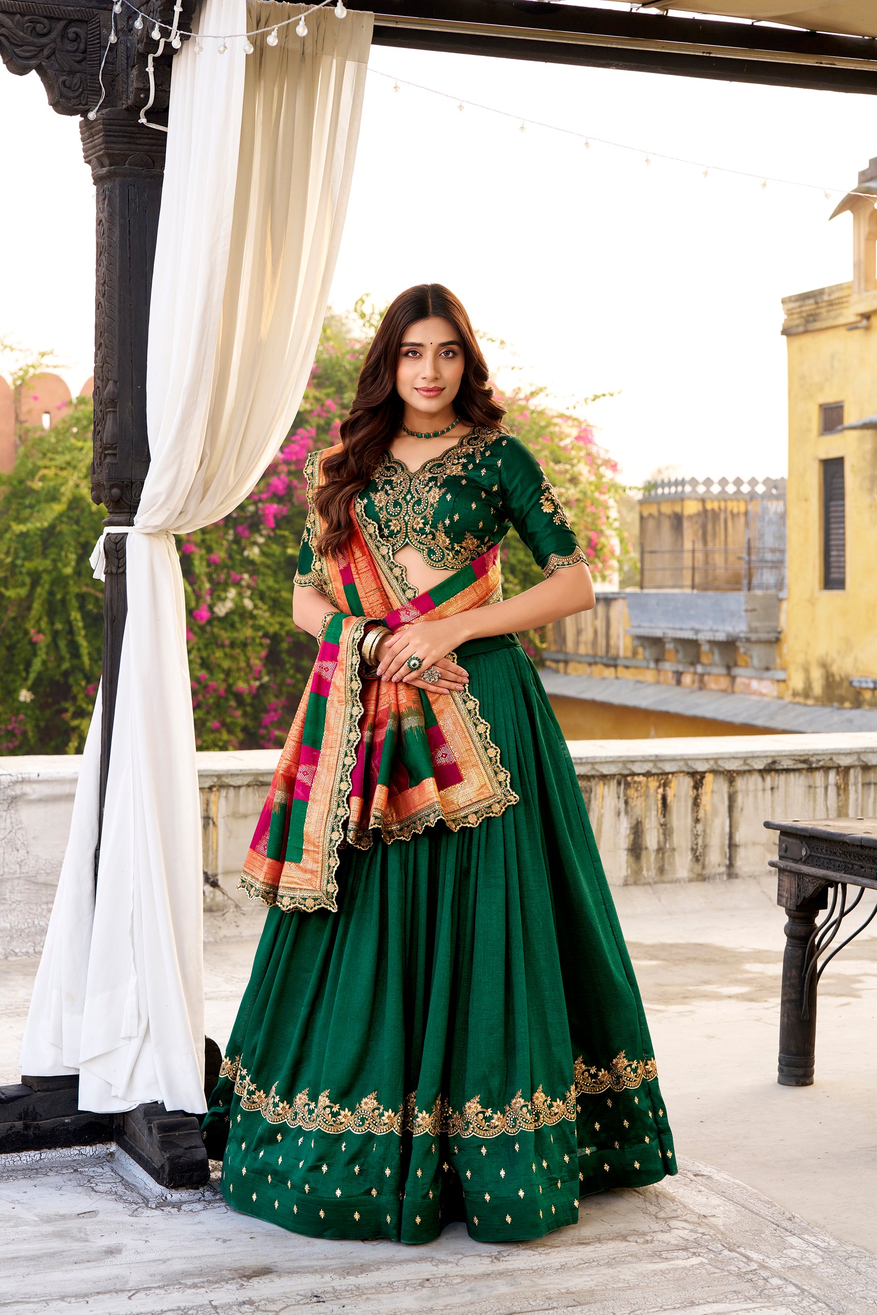 Lorenvalley Fashion Green Vichitra Silk Sequins and Thread Embroidery Work Lehenga Choli with Dupatta