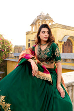 Thumbnail for Lorenvalley Fashion Green Vichitra Silk Sequins and Thread Embroidery Work Lehenga Choli with Dupatta - Distacart