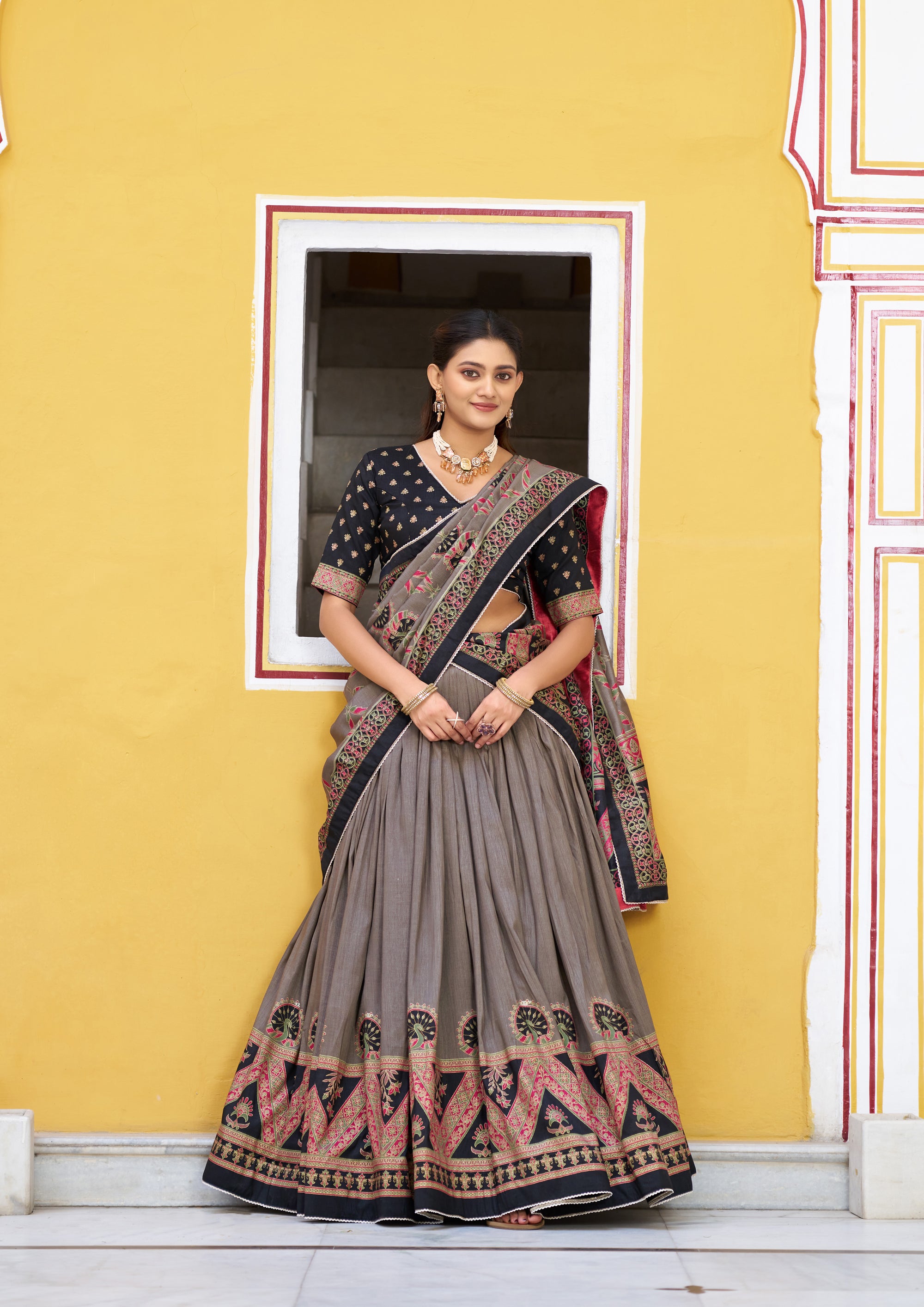 Lorenvalley Fashion Black Tasar Silk Printed And Iconic Sparkle with Lace Border Lehenga Choli with Dupatta - Dista