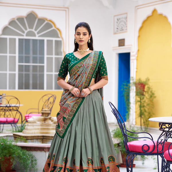 Lorenvalley Fashion Green Tasar Silk Printed And Iconic Sparkle with Lace Border Lehenga Choli with Dupatta - Dista