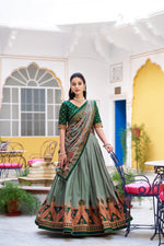 Thumbnail for Lorenvalley Fashion Green Tasar Silk Printed And Iconic Sparkle with Lace Border Lehenga Choli with Dupatta - Dista