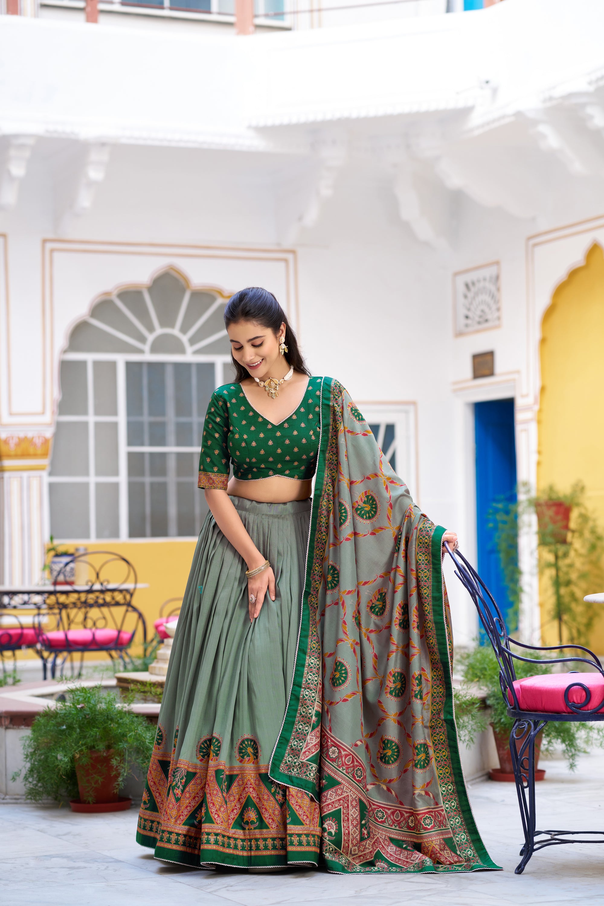 Lorenvalley Fashion Green Tasar Silk Printed And Iconic Sparkle with Lace Border Lehenga Choli with Dupatta - Dista