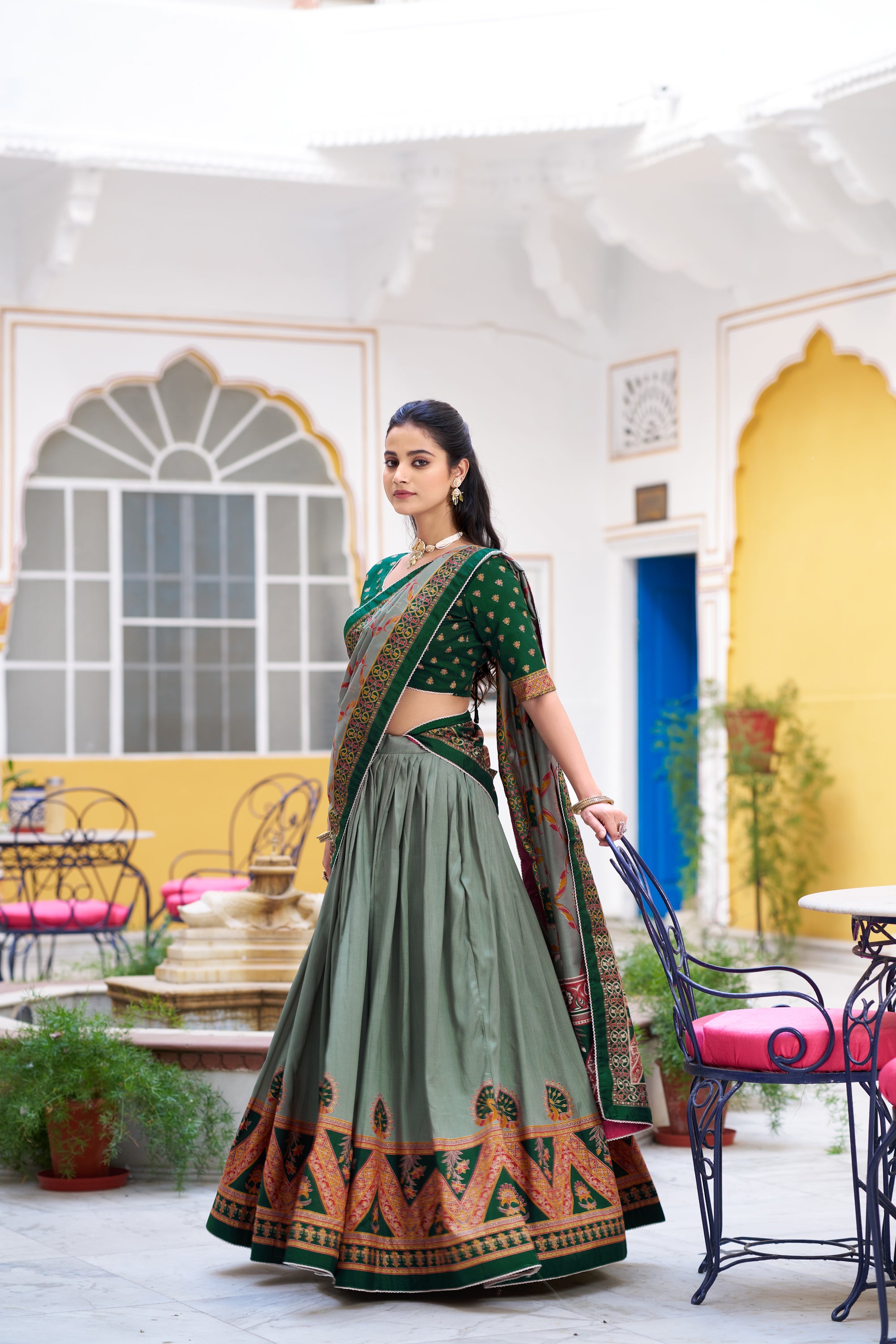 Lorenvalley Fashion Green Tasar Silk Printed And Iconic Sparkle with Lace Border Lehenga Choli with Dupatta - Dista