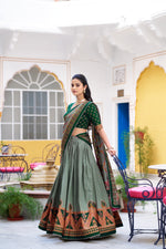 Thumbnail for Lorenvalley Fashion Green Tasar Silk Printed And Iconic Sparkle with Lace Border Lehenga Choli with Dupatta - Dista