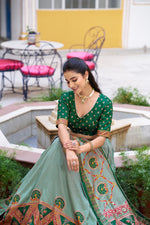 Thumbnail for Lorenvalley Fashion Green Tasar Silk Printed And Iconic Sparkle with Lace Border Lehenga Choli with Dupatta - Dista
