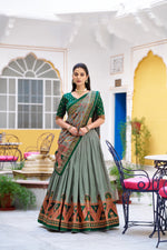 Thumbnail for Lorenvalley Fashion Green Tasar Silk Printed And Iconic Sparkle with Lace Border Lehenga Choli with Dupatta - Dista