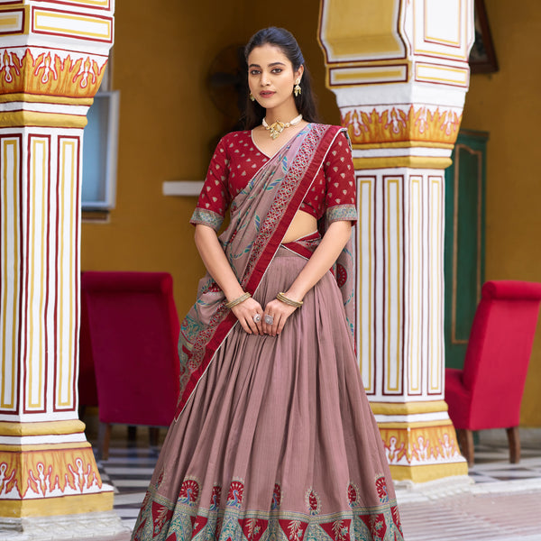 Lorenvalley Fashion Maroon Tasar Silk Printed And Iconic Sparkle with Lace Border Lehenga Choli with Dupatta - Dista