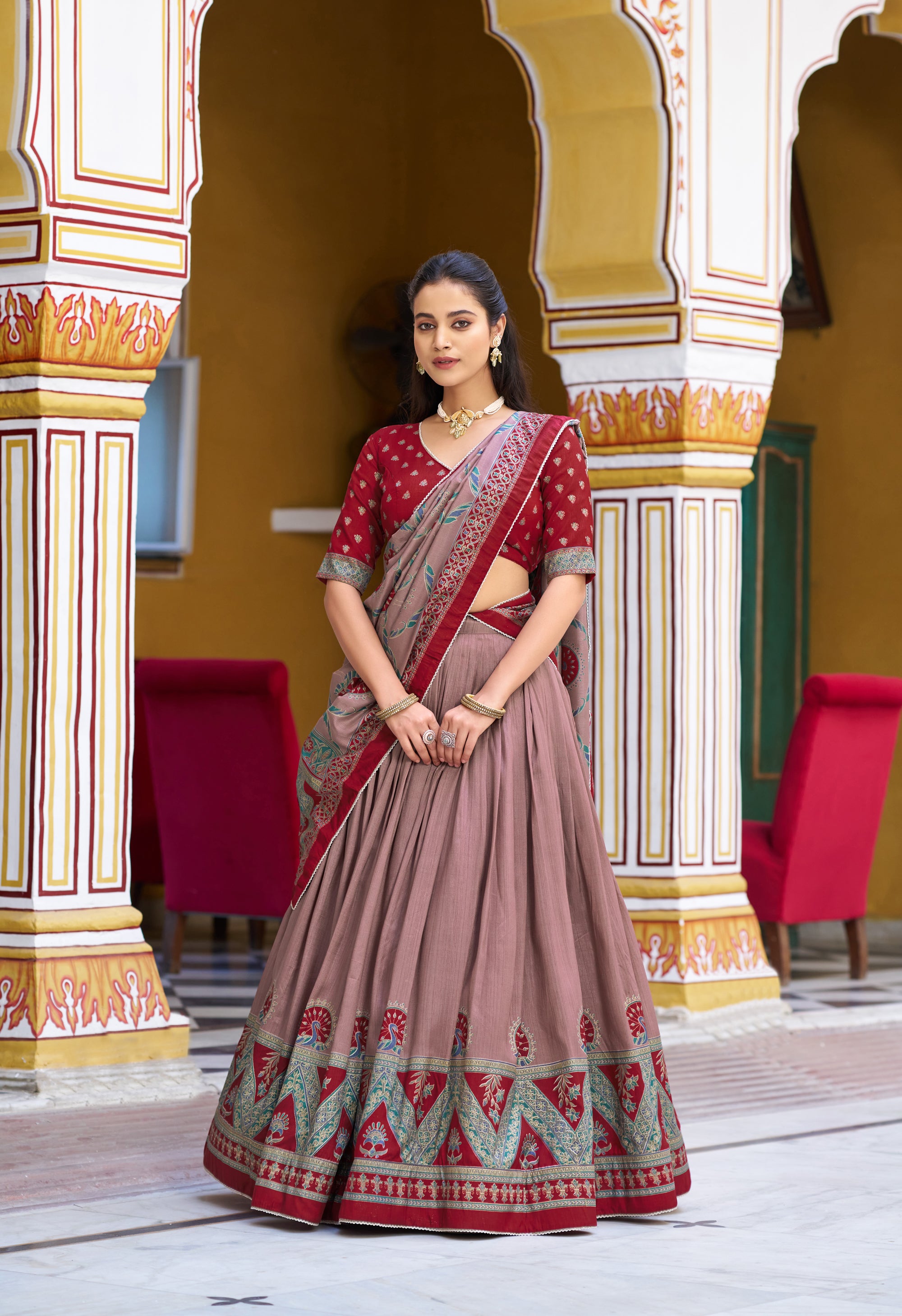 Lorenvalley Fashion Maroon Tasar Silk Printed And Iconic Sparkle with Lace Border Lehenga Choli with Dupatta - Dista