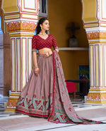 Thumbnail for Lorenvalley Fashion Maroon Tasar Silk Printed And Iconic Sparkle with Lace Border Lehenga Choli with Dupatta - Dista