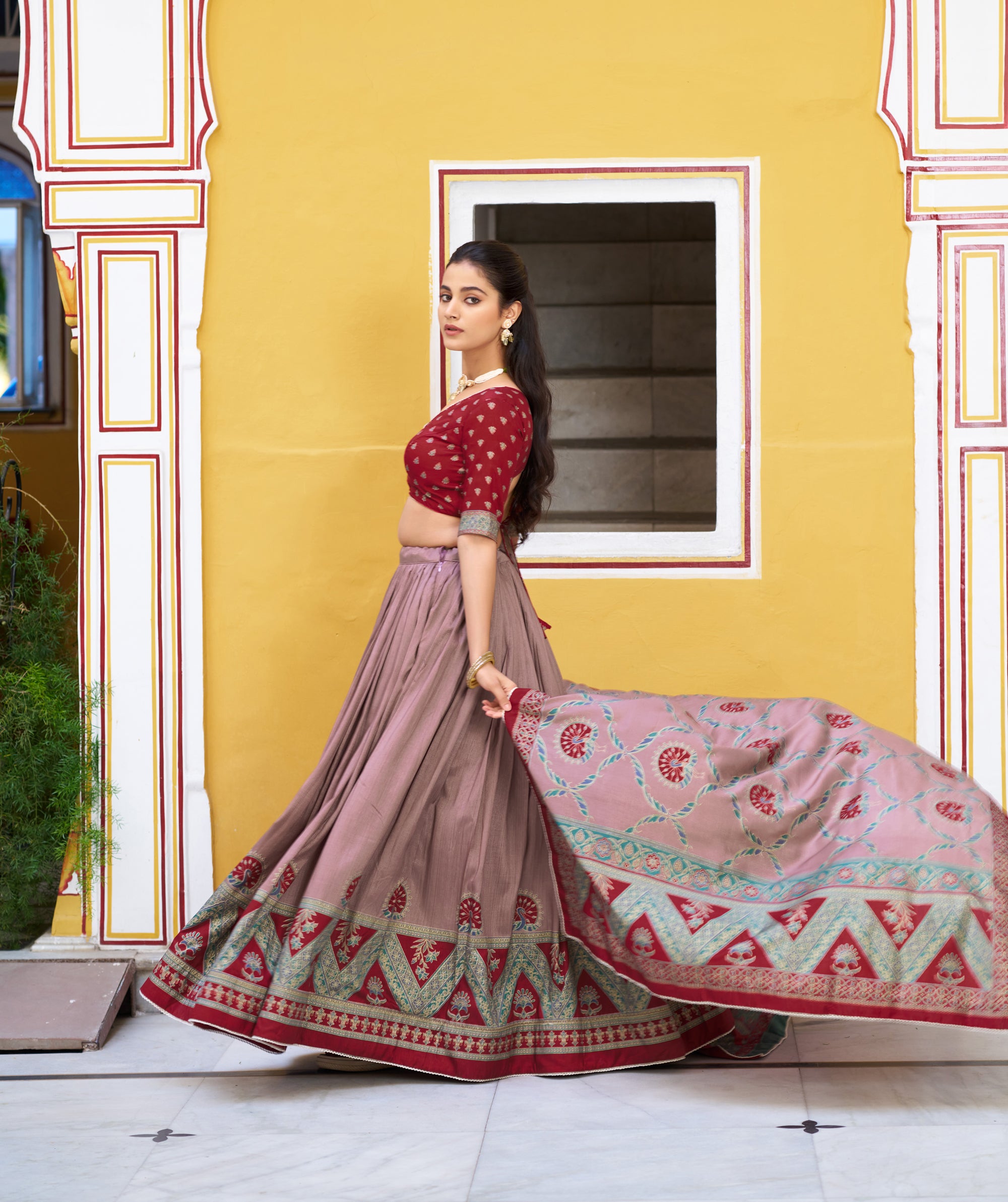 Lorenvalley Fashion Maroon Tasar Silk Printed And Iconic Sparkle with Lace Border Lehenga Choli with Dupatta - Dista