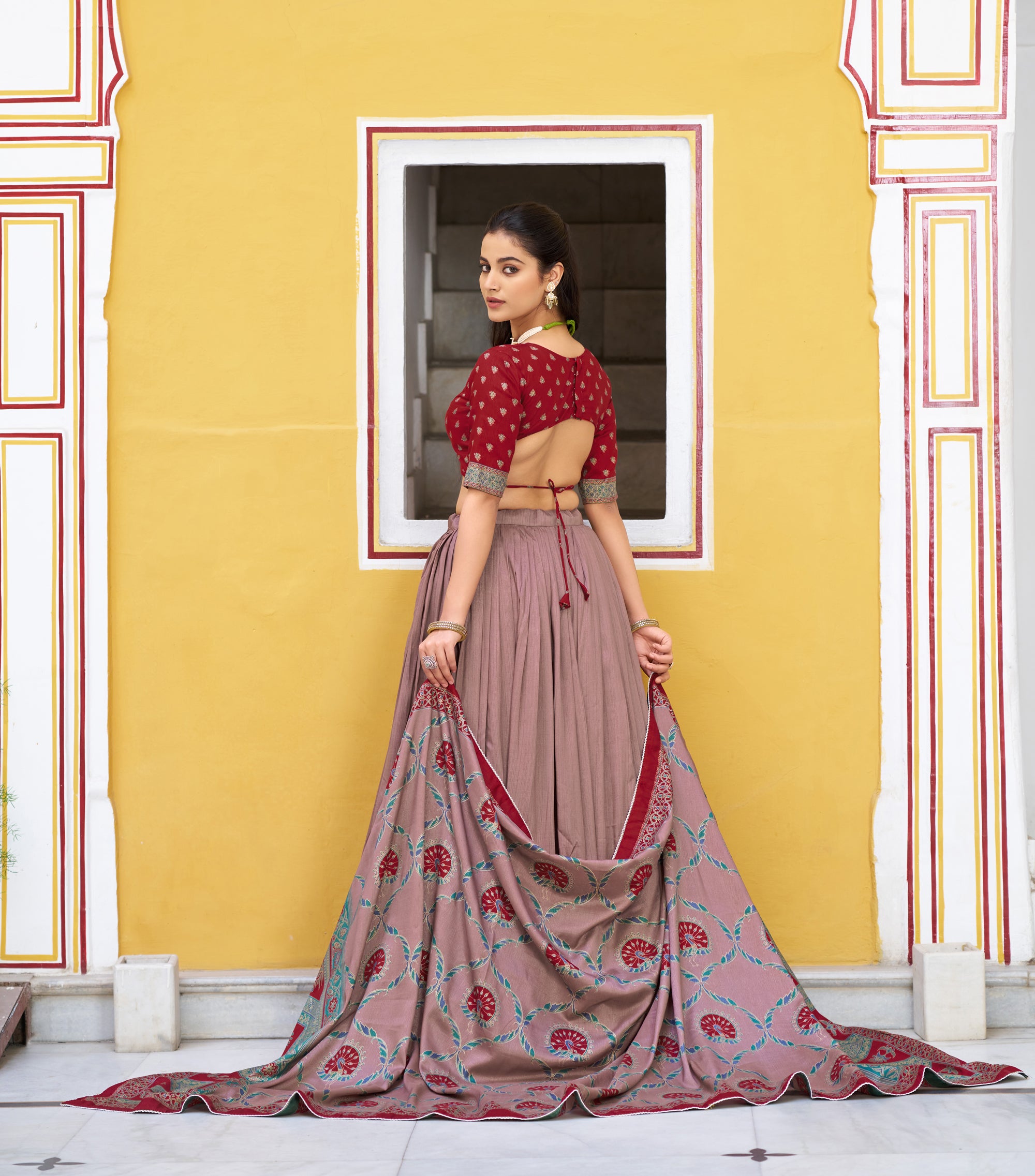 Lorenvalley Fashion Maroon Tasar Silk Printed And Iconic Sparkle with Lace Border Lehenga Choli with Dupatta - Dista