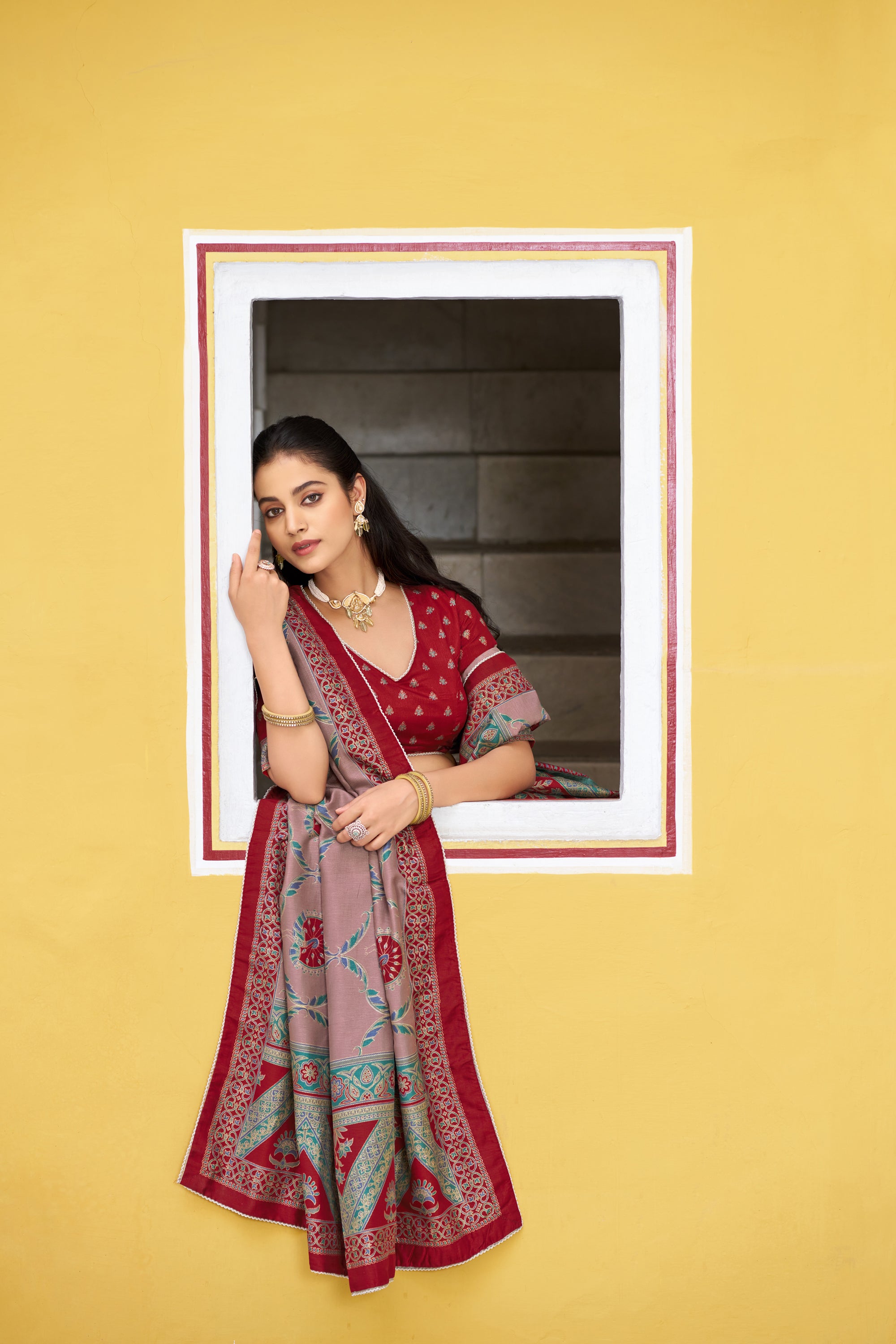 Lorenvalley Fashion Maroon Tasar Silk Printed And Iconic Sparkle with Lace Border Lehenga Choli with Dupatta - Dista