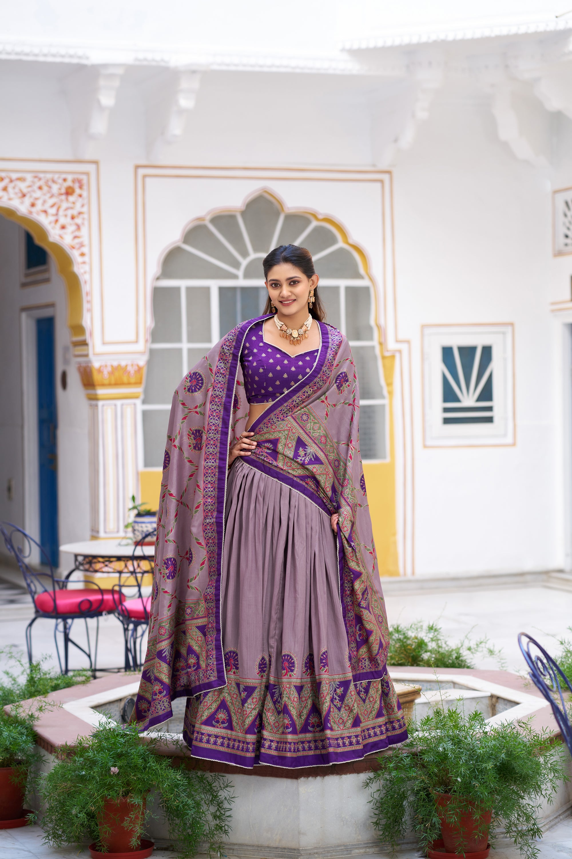 Lorenvalley Fashion Purple Tasar Silk Printed And Iconic Sparkle with Lace Border Lehenga Choli with Dupatta - Dista
