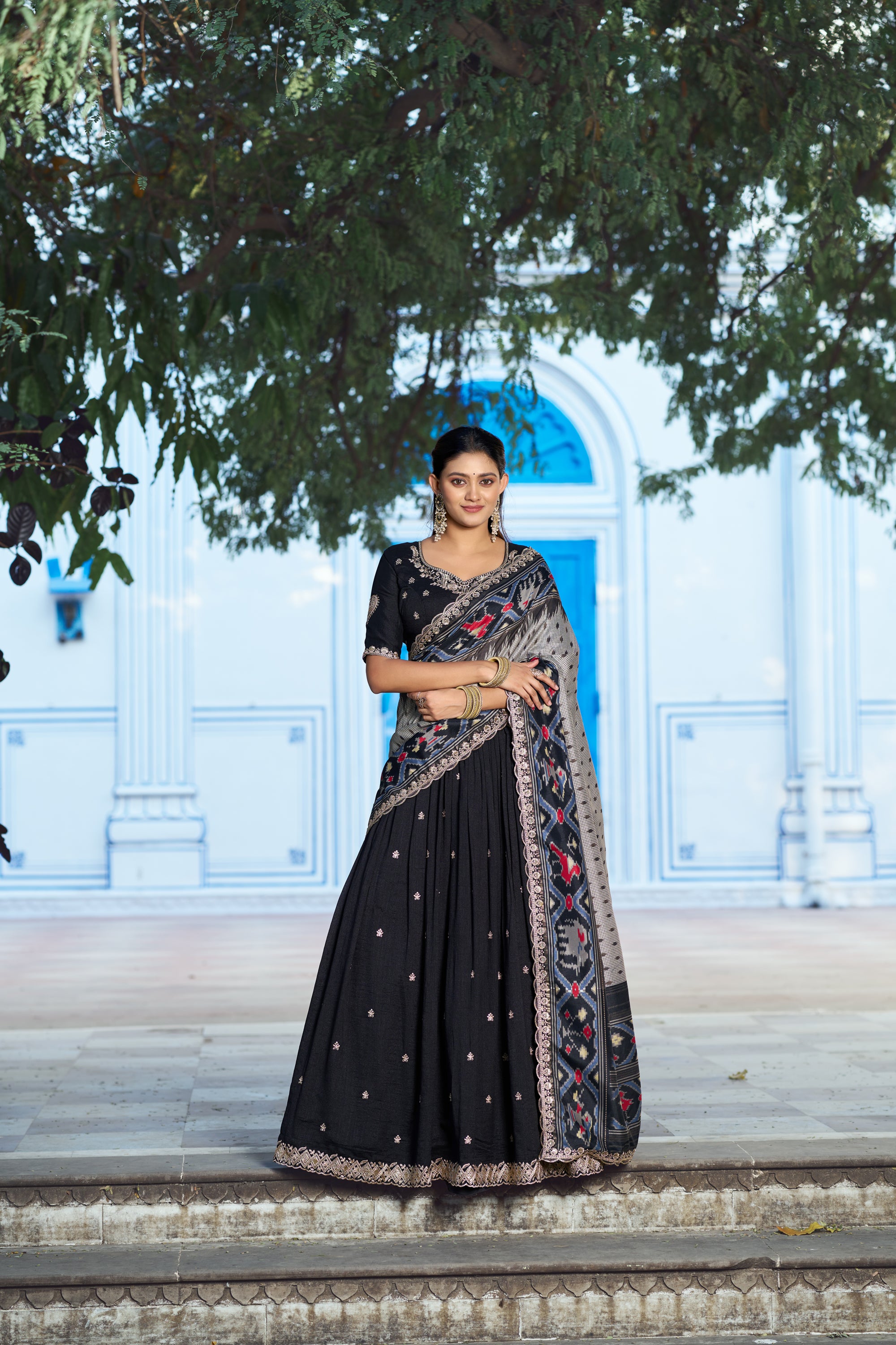 Lorenvalley Fashion Black Vichitra Silk Sequins and Thread Embroidery Work Lehenga Choli with Dupatta - Dista