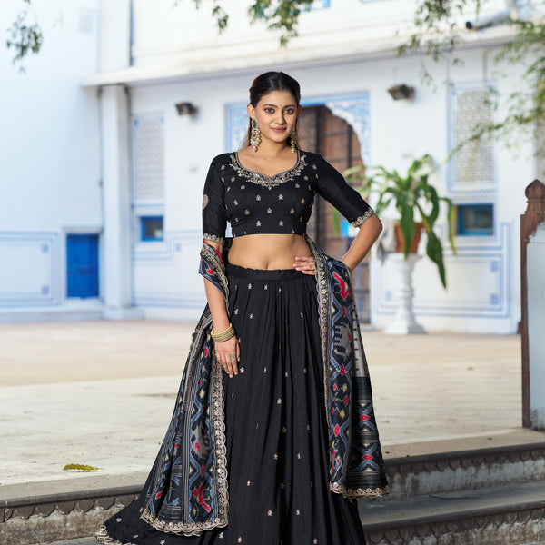 Lorenvalley Fashion Black Vichitra Silk Sequins and Thread Embroidery Work Lehenga Choli with Dupatta - Dista