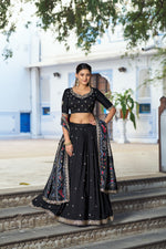 Thumbnail for Lorenvalley Fashion Black Vichitra Silk Sequins and Thread Embroidery Work Lehenga Choli with Dupatta - Dista