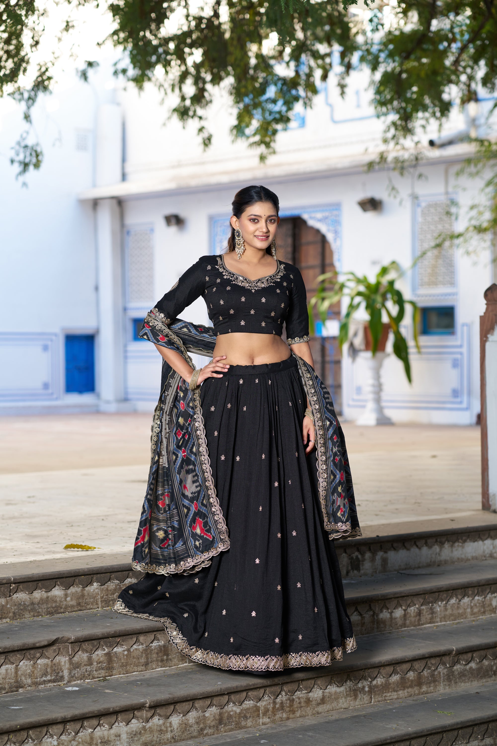 Lorenvalley Fashion Black Vichitra Silk Sequins and Thread Embroidery Work Lehenga Choli with Dupatta - Dista